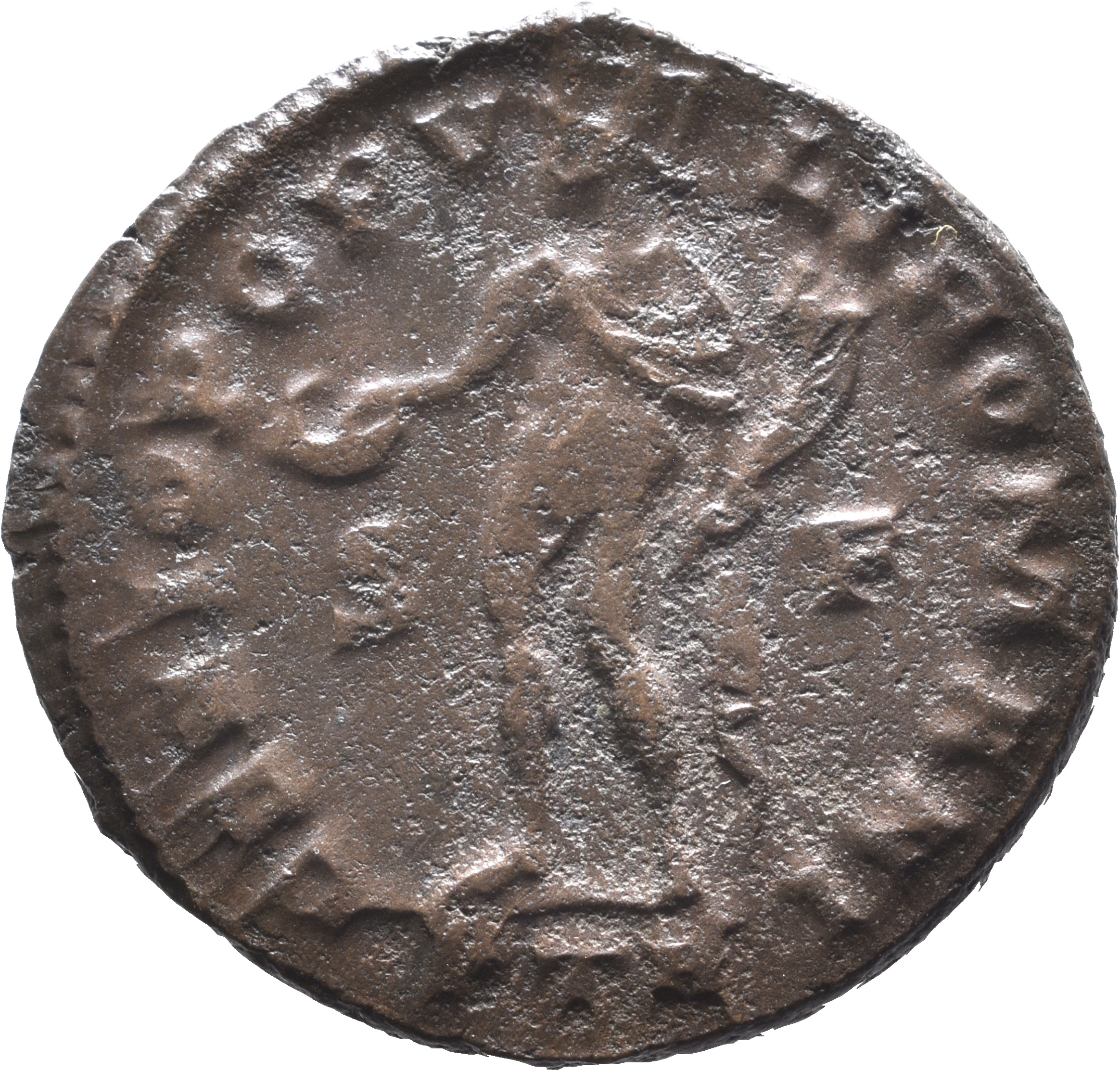 RIC VI Treveri 594b Maximian reverse, Genius, turreted, nude, chlamys draped over left shoulder, standing left, holding pa...