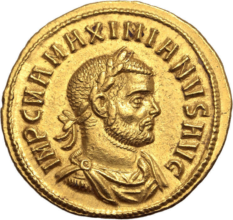 RIC VI Treveri 605 Maximian obverse, Bust of Constantius Chlorus, laureate, cuirassed, left