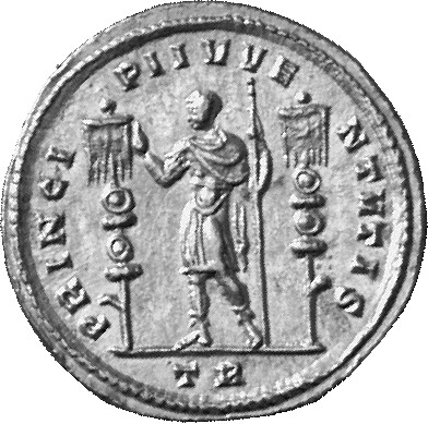 RIC VI Treveri 615 Constantius Chlorus reverse, Constantine I, draped, cuirassed, standing left, raising right hand and le...