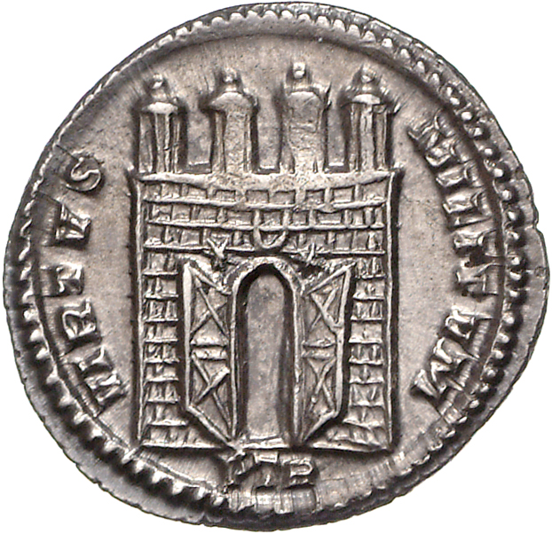 RIC VI Treveri 635 Constantius Chlorus reverse, Four-turreted gateway, with doors open