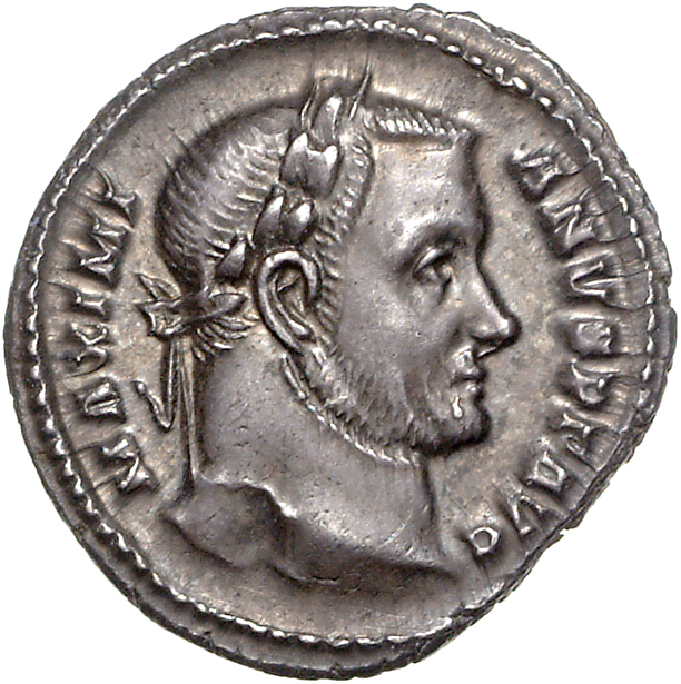RIC VI Treveri 637 Constantius Chlorus obverse, Head of Galerius, laureate, right