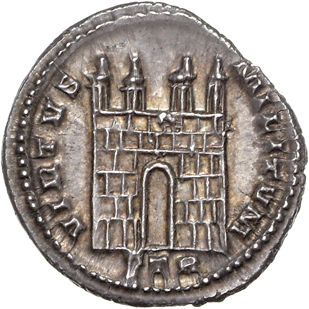 RIC VI Treveri 637 Constantius Chlorus reverse, Four-turreted gateway, no doors