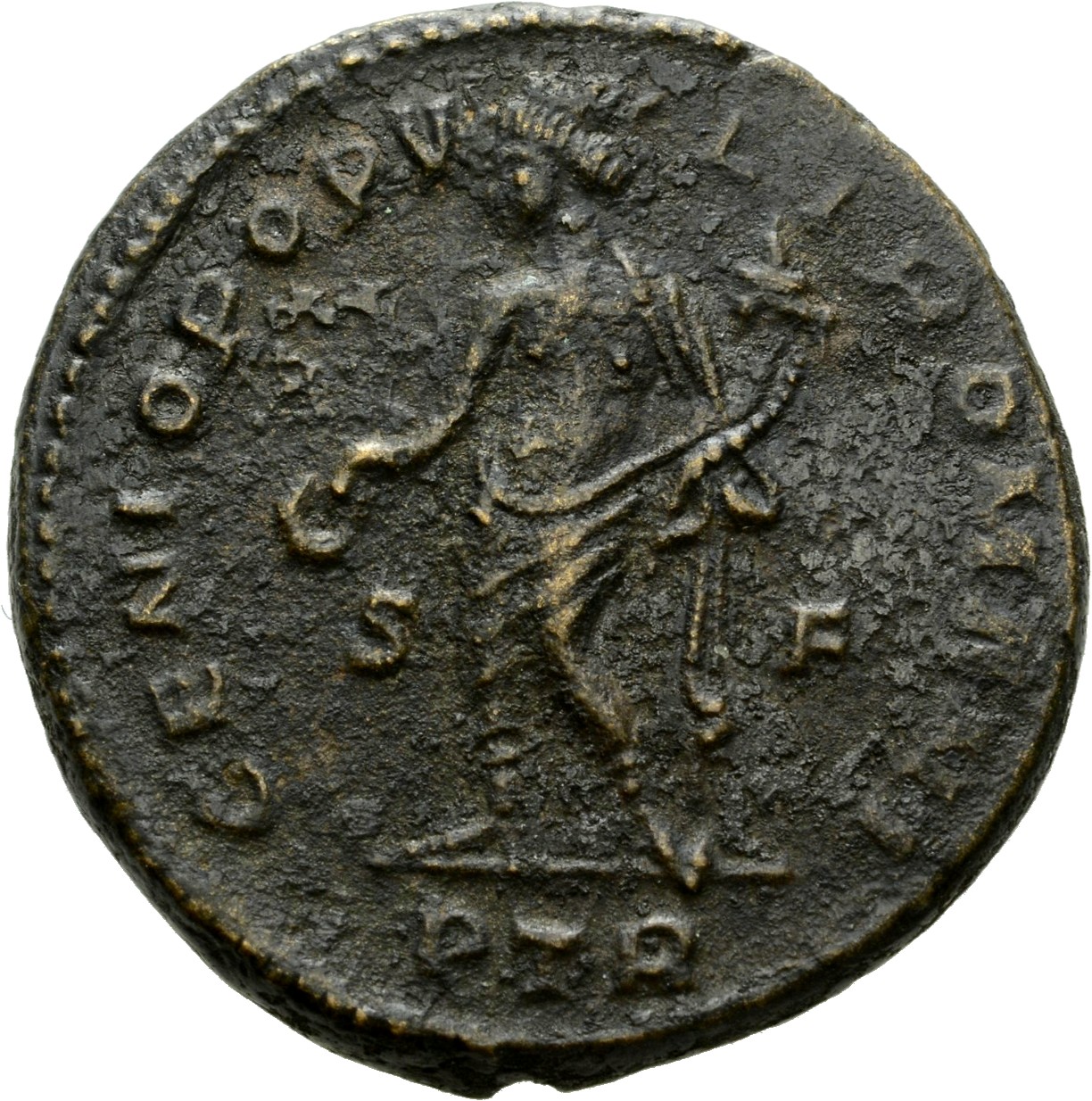 RIC VI Treveri 652c Severus II reverse, Genius, turreted, nude, loins draped, standing left, holding patera in right hand ...