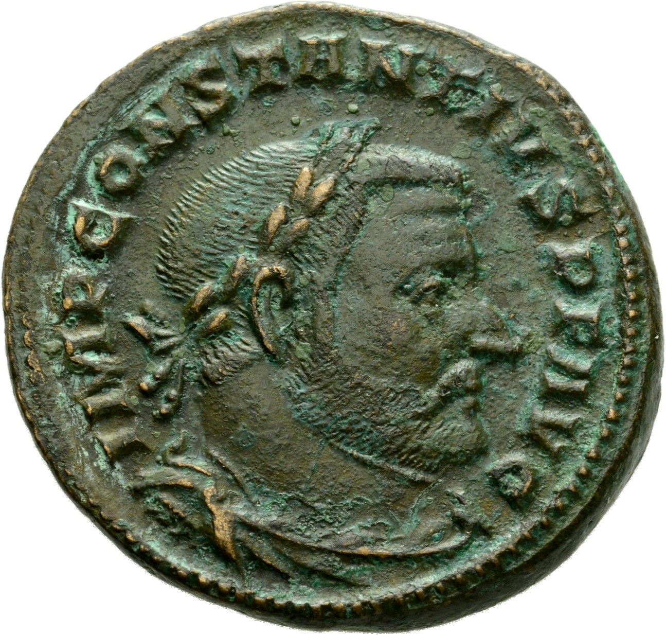 RIC VI Treveri 653a Severus II obverse, Bust of Constantius Chlorus, laureate, draped, cuirassed, right