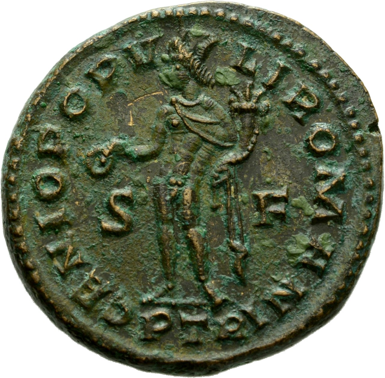 RIC VI Treveri 653a Severus II reverse, Genius, turreted, nude, loins draped, standing left, holding patera in right hand ...