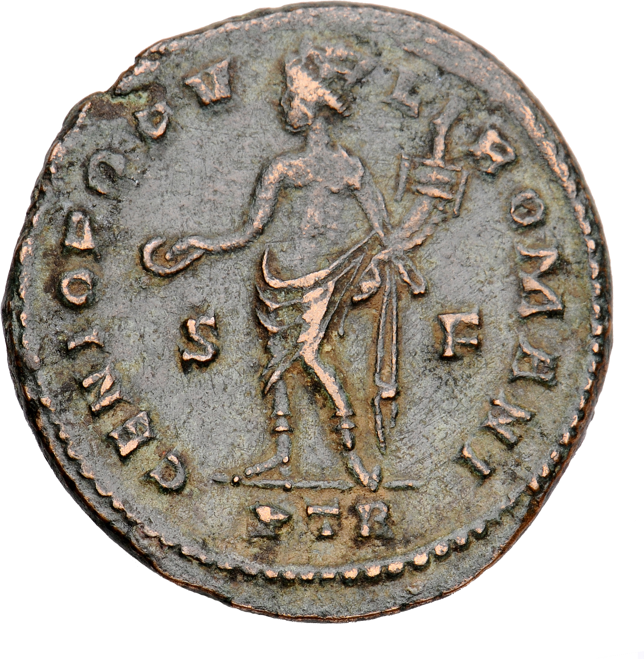 RIC VI Treveri 653c Severus II reverse, Genius, turreted, nude, loins draped, standing left, holding patera in right hand ...