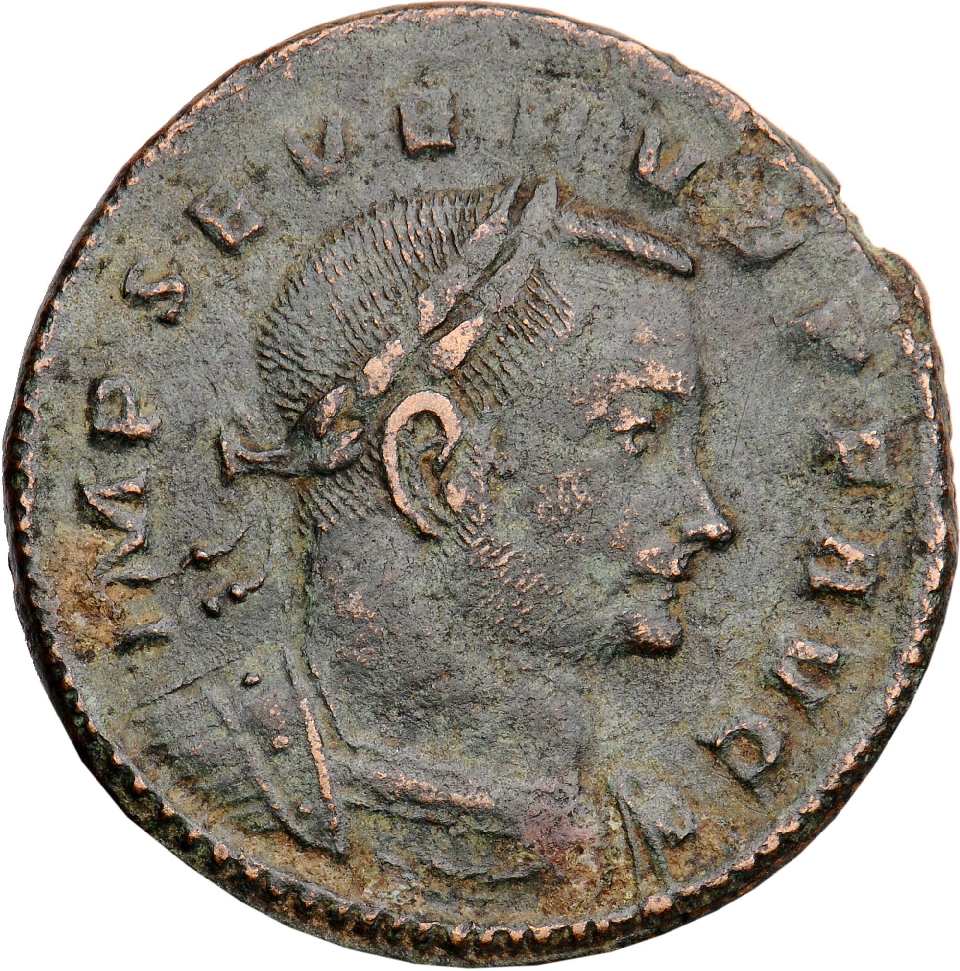 RIC VI Treveri 653c Severus II obverse, Bust of Severus II, laureate, draped, cuirassed, right