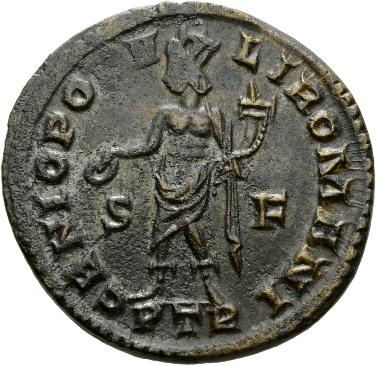 RIC VI Treveri 661a Constantius Chlorus reverse, Genius, turreted, nude, loins draped, standing left, holding patera in ri...
