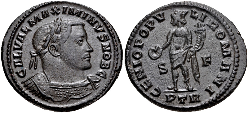 RIC VI Treveri 667b Constantius Chlorus obverse, Bust of Maximinus Daia, laureate, cuirassed, right