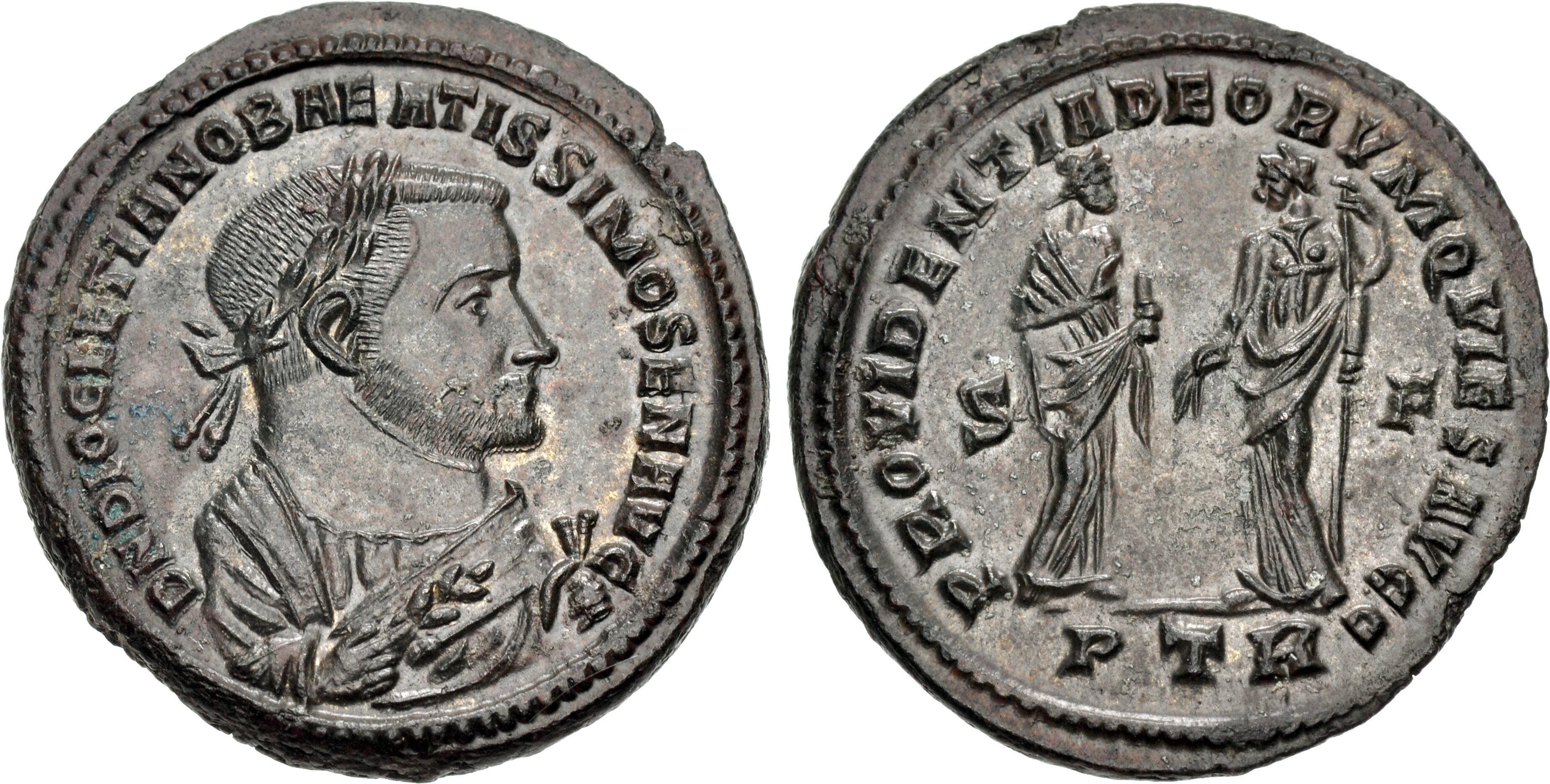 RIC VI Treveri 673a Severus II obverse, Bust of Diocletian, laureate, wearing imperial mantle, right, holding olive branch...