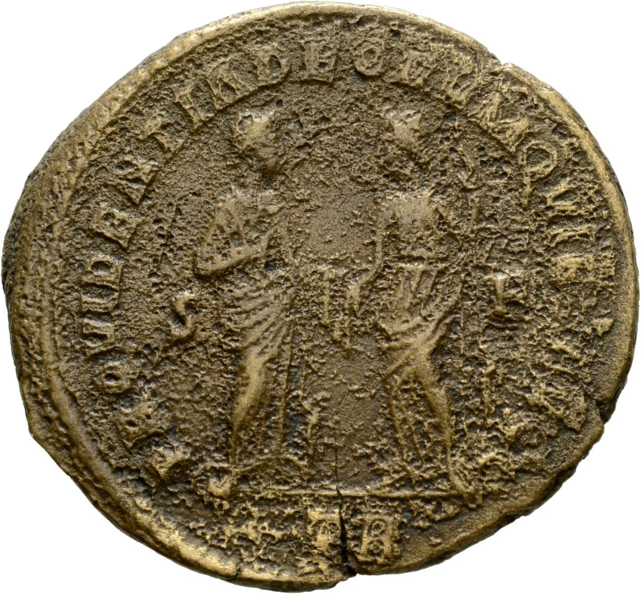 RIC VI Treveri 676a Severus II reverse, Providentia, draped, standing right, extending right hand to Quies, draped, standi...
