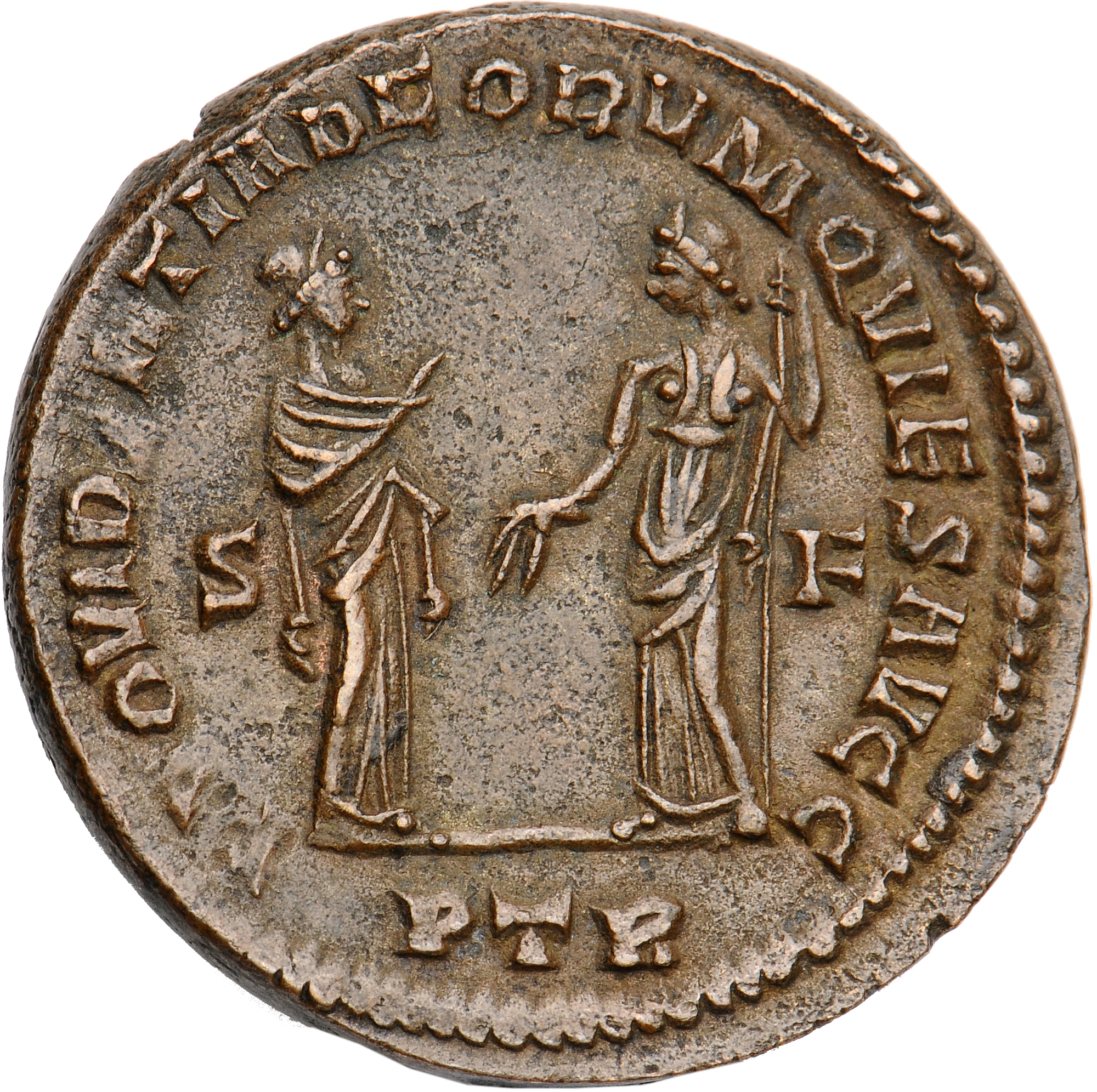 RIC VI Treveri 676b Severus II reverse, Providentia, draped, standing right, extending right hand to Quies, draped, standi...