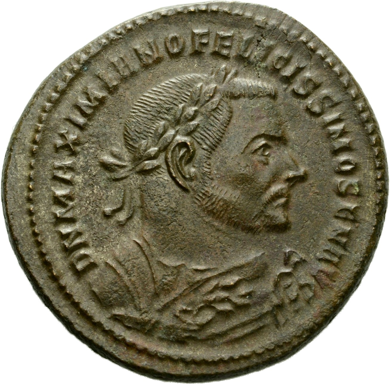 RIC VI Treveri 676b Severus II obverse, Bust of Maximian, laureate, wearing imperial mantle, right, holding olive branch i...