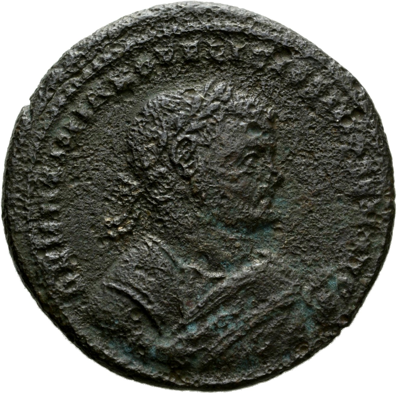RIC VI Treveri 678 Severus II obverse, Bust of Maximian, laureate, wearing imperial mantle, right, holding olive branch in...