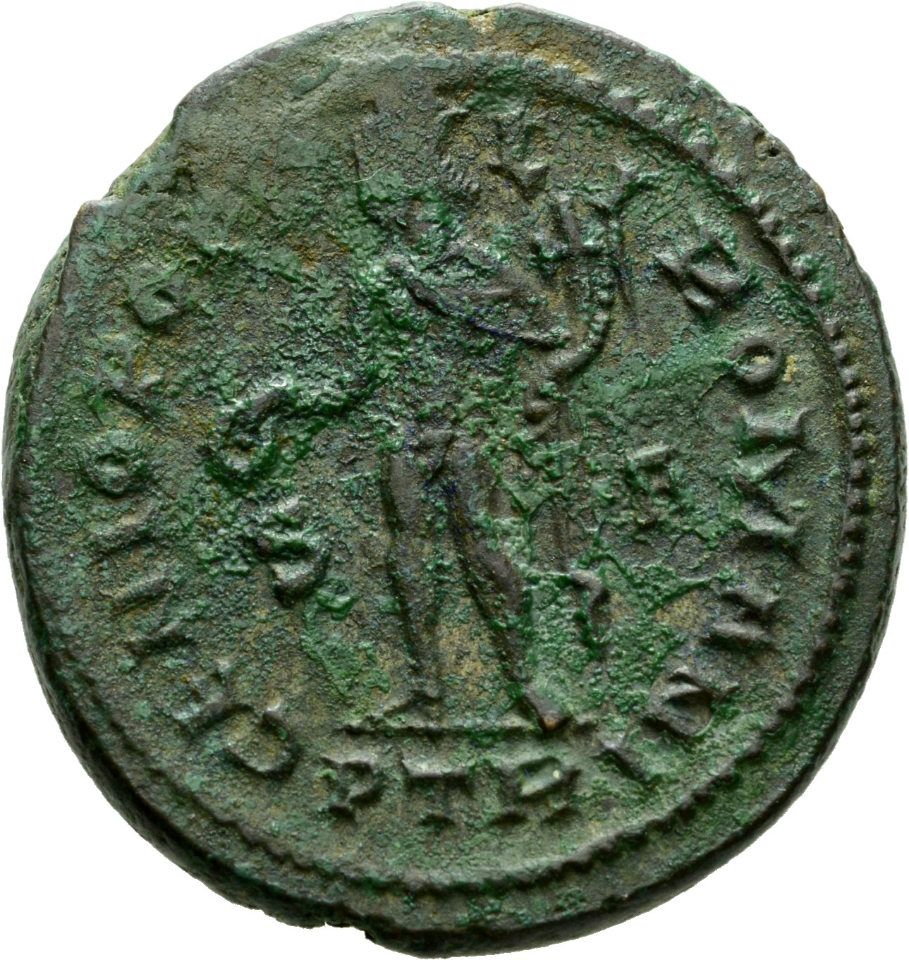 Constantine I reverse — Genius, turreted, nude, loins draped, standing left, holding patera in right hand and cornucopiae in left hand