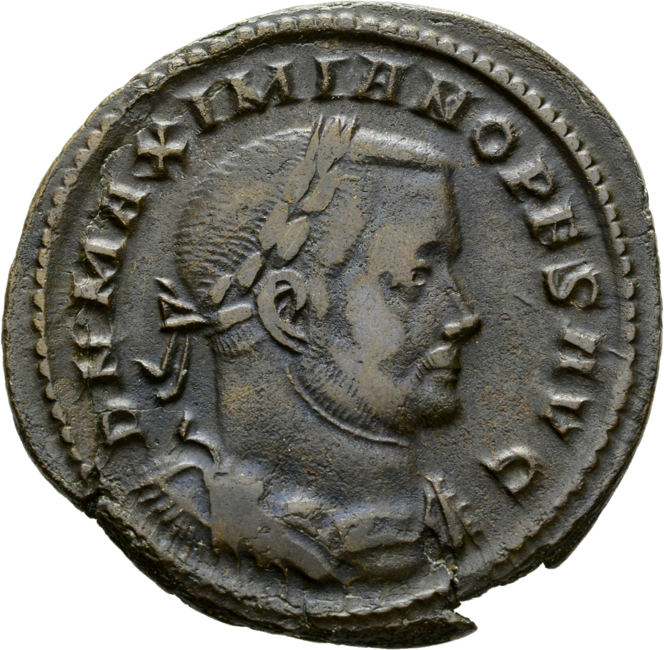 RIC VI Treveri 697 Constantine I obverse, Bust of Maximian, laureate, draped, cuirassed, right