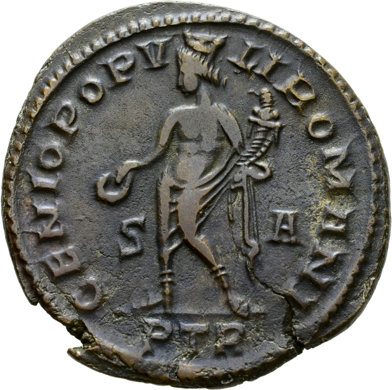 Constantine I reverse — Genius, turreted, nude, loins draped, standing left, holding patera in right hand and cornucopiae in left hand