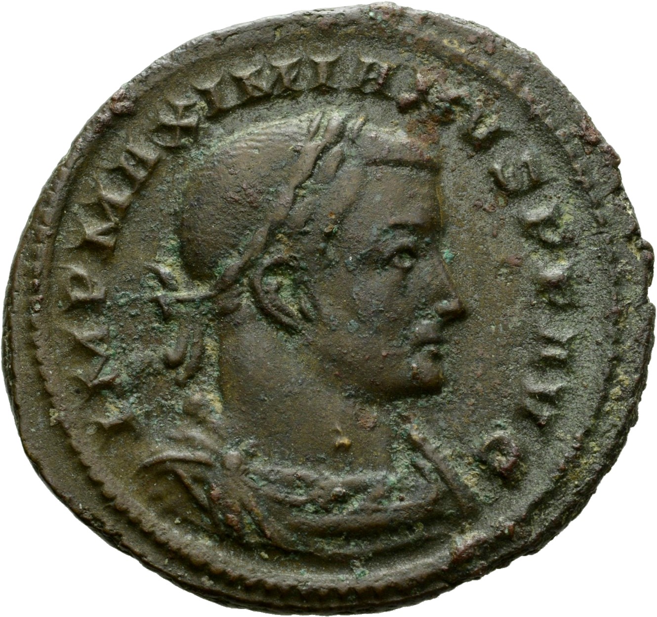 Constantine I obverse — Bust of Galerius, laureate, draped, cuirassed, right