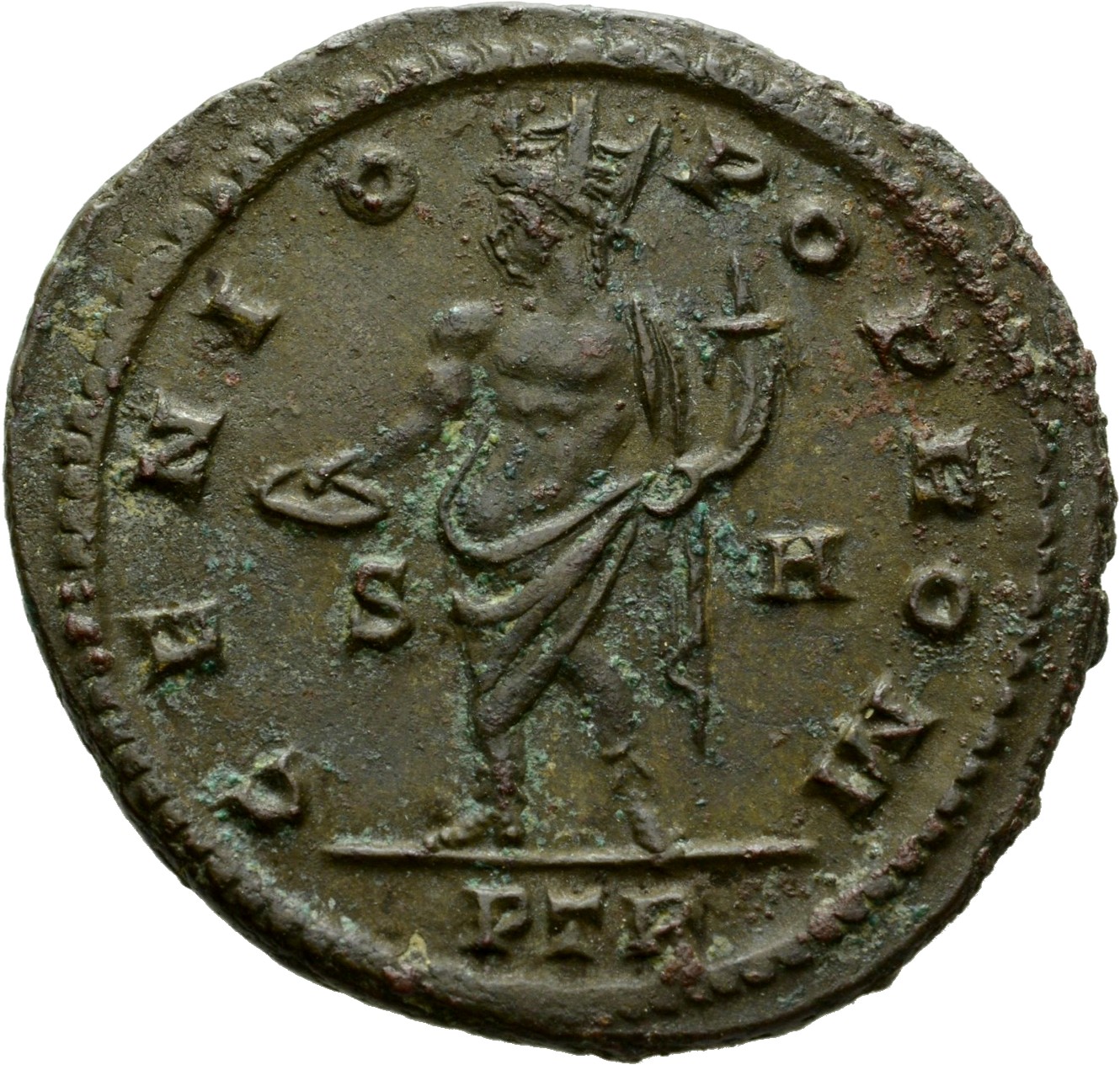 Constantine I reverse — Genius, turreted, nude, loins draped, standing left, holding patera in right hand and cornucopiae in left hand