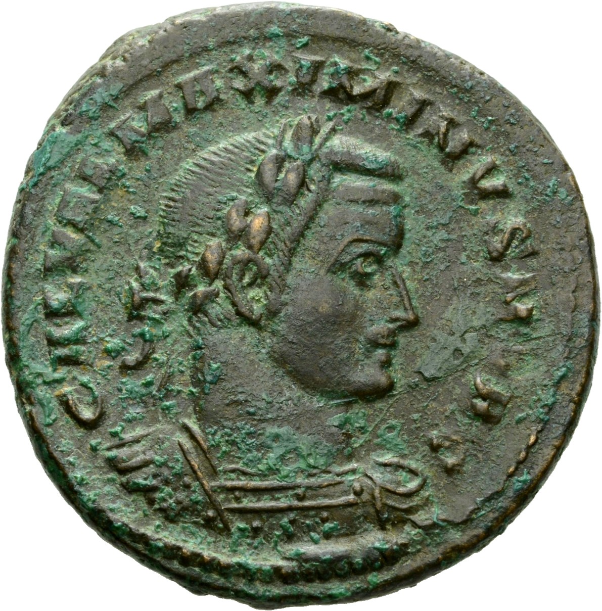 Constantine I obverse — Bust of Maximinus Daia, laureate, cuirassed, right