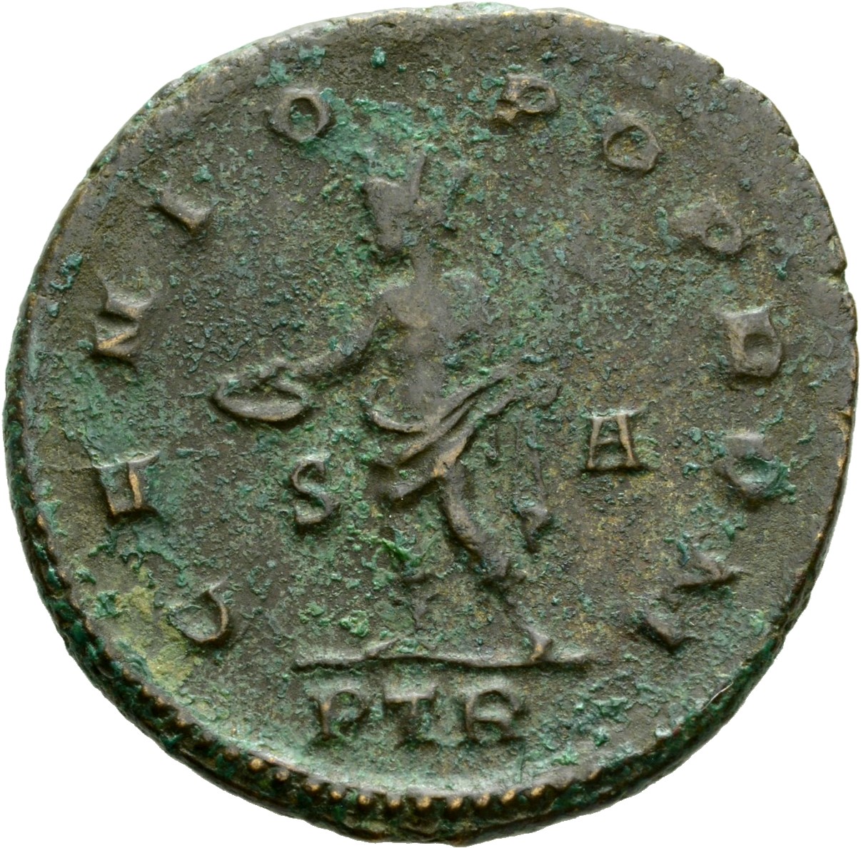 Constantine I reverse — Genius, turreted, nude, loins draped, standing left, holding patera in right hand and cornucopiae in left hand
