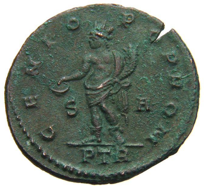 RIC VI Treveri 720b Constantine I reverse, Genius, turreted, nude, loins draped, standing left, holding patera in right ha...