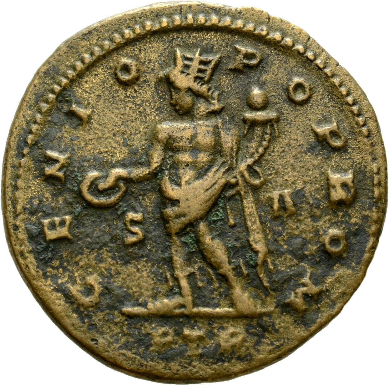 RIC VI Treveri 721 Constantine I reverse, Genius, turreted, nude, loins draped, standing left, holding patera in right han...