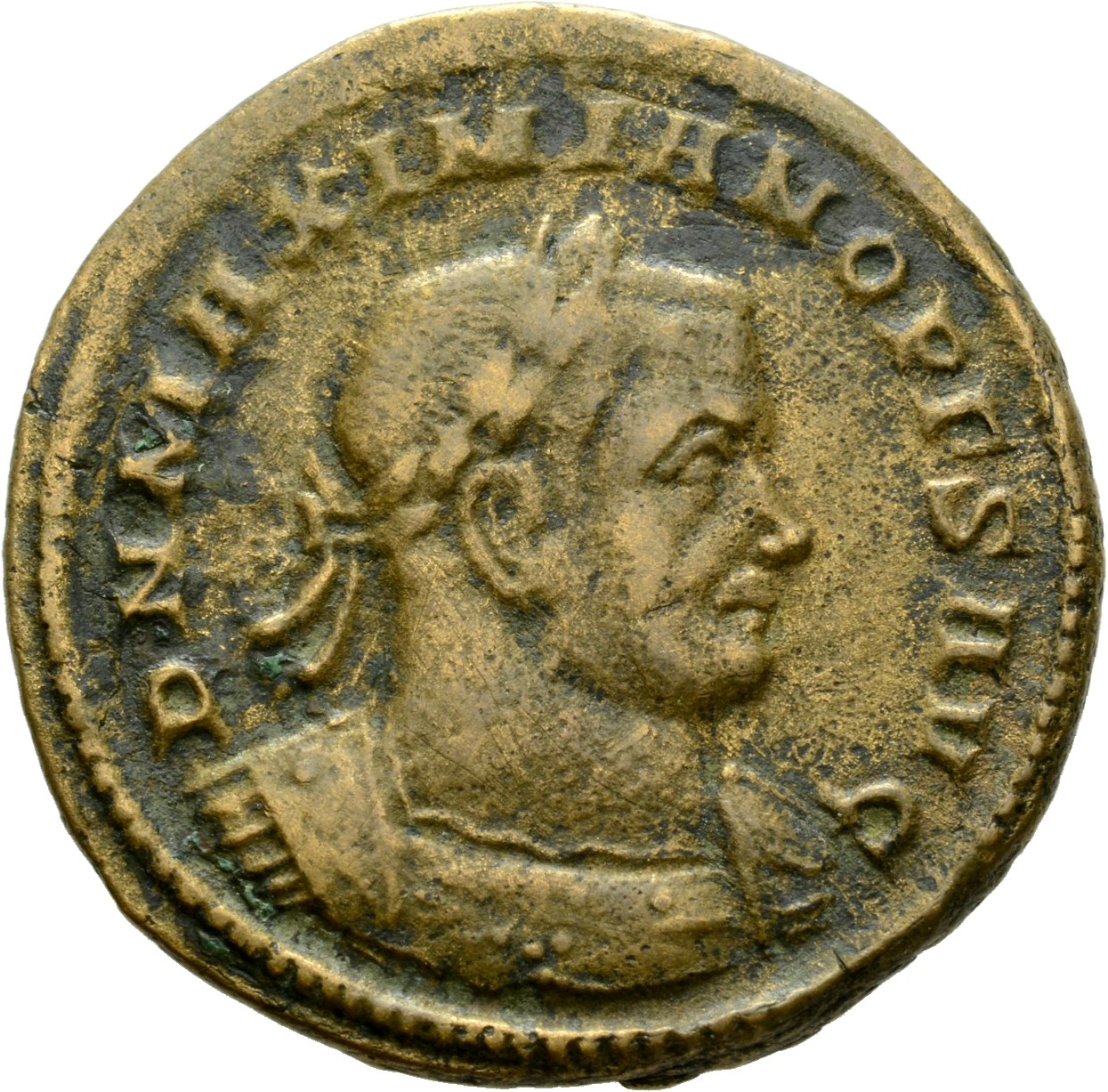 RIC VI Treveri 721 Constantine I obverse, Bust of Maximian, laureate, cuirassed, right