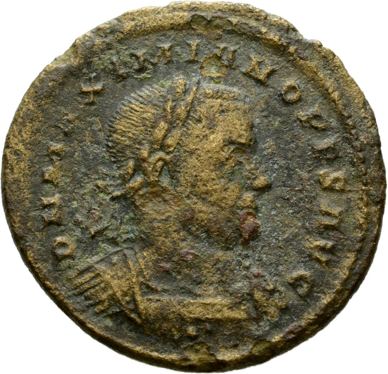Constantine I obverse — Bust of Maximian, laureate, cuirassed, right