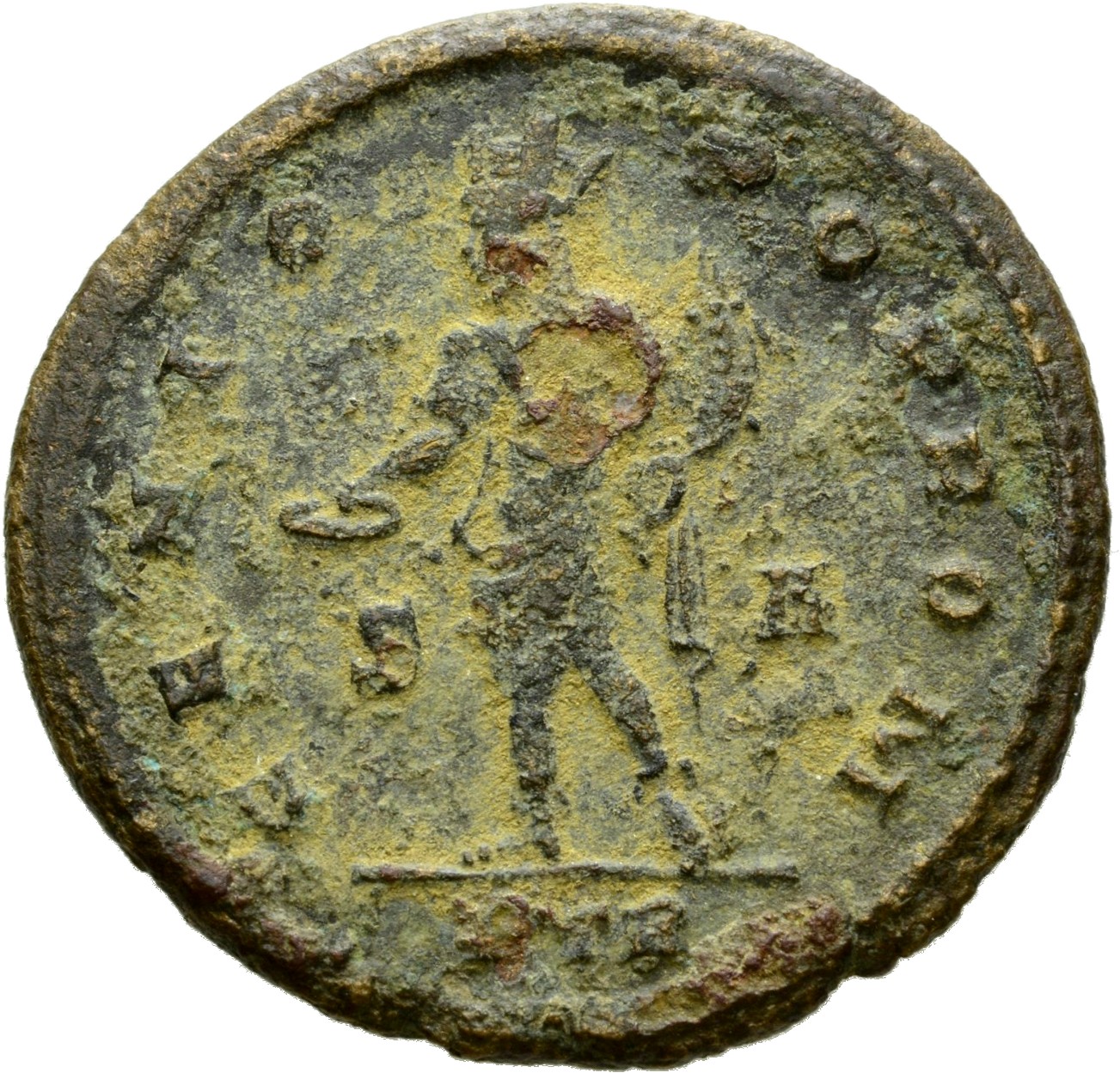 Constantine I reverse — Genius, turreted, nude, loins draped, standing left, holding patera in right hand and cornucopiae in left hand