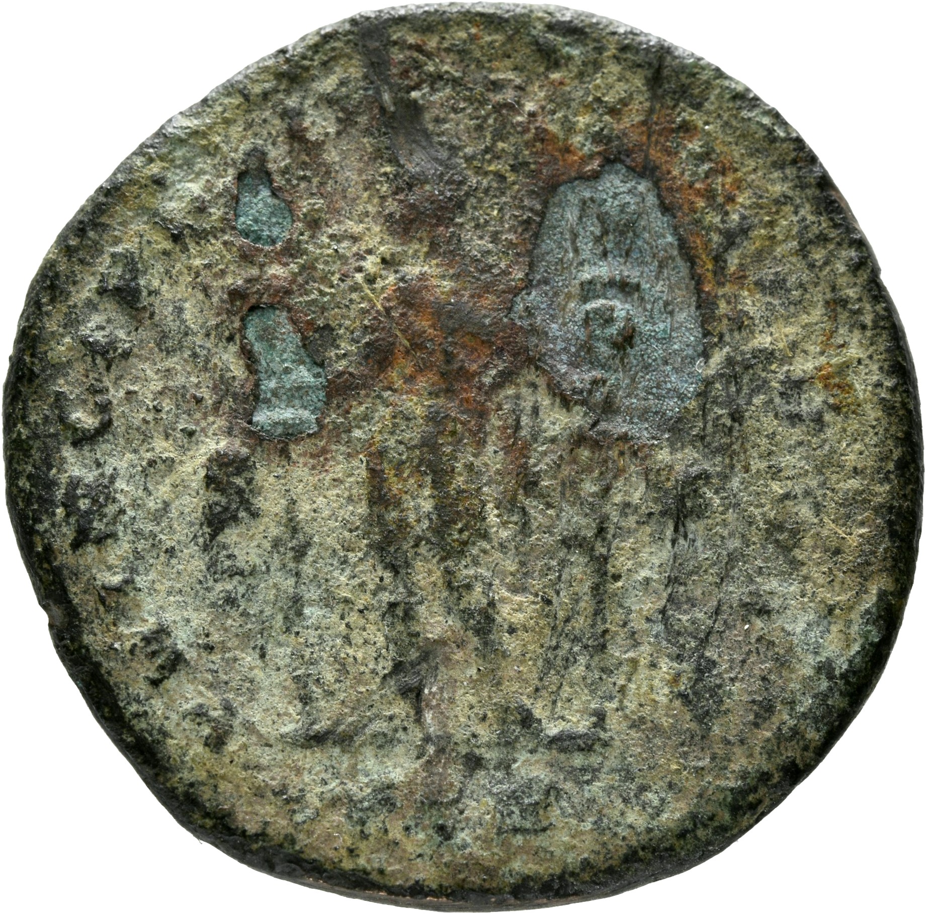 Constantine I reverse — Constantine I, draped, cuirassed, standing front, head left, holding standard in each hand