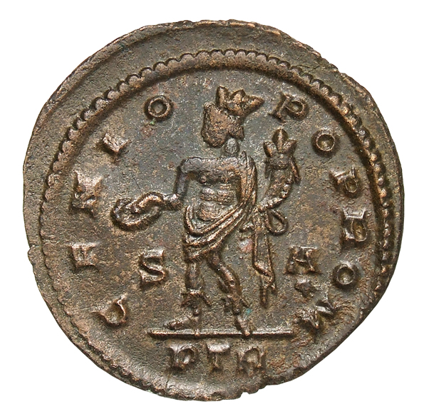 RIC VI Treveri 737 Constantine I reverse, Genius, turreted, nude, loins draped, standing left, holding patera in right han...