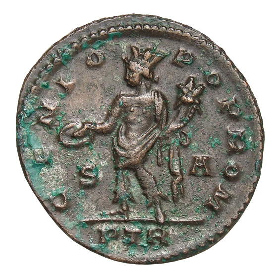 RIC VI Treveri 738 Constantine I reverse, Genius, turreted, nude, loins draped, standing left, holding patera in right han...