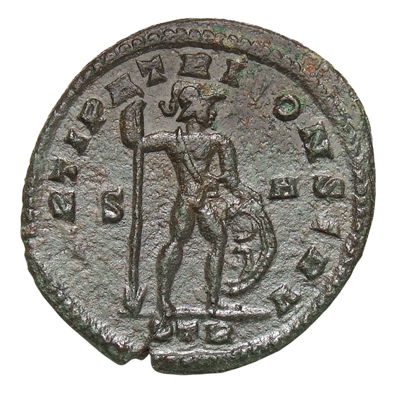 RIC VI Treveri 740 Constantine I reverse, Mars, nude, standing right, leaning on reversed spear (sometimes plain sceptre) ...
