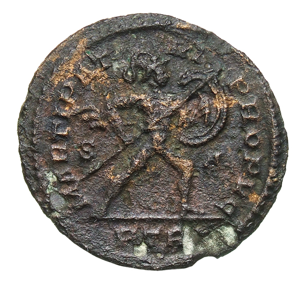 RIC VI Treveri 741 Constantine I reverse, Mars, helmeted, holding transverse spear in right hand and shield in left hand