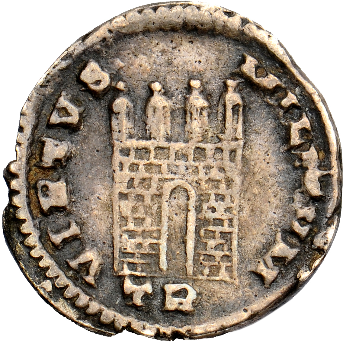 Constantine I reverse — Four-turreted gateway, no doors