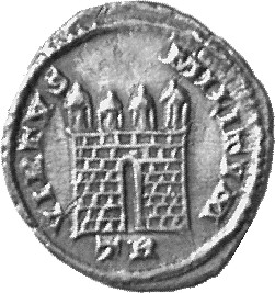 RIC VI Treveri 759 Constantine I reverse, Four-turreted gateway, no doors
