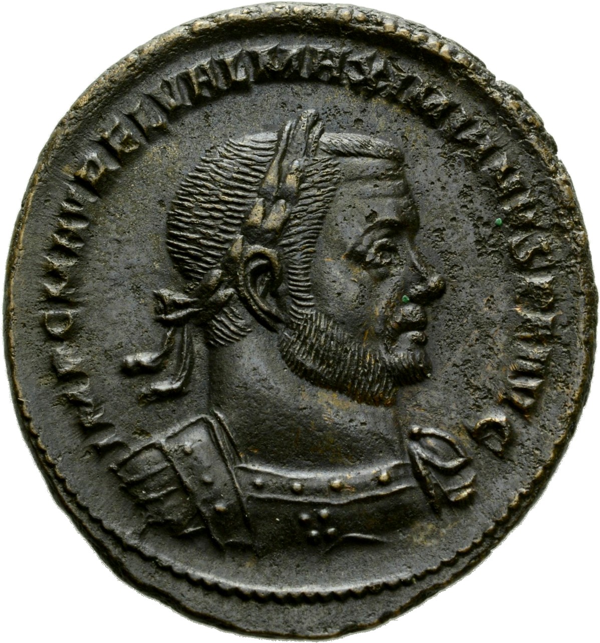 RIC VI Treveri 766 Constantine I obverse, Bust of Maximian, laureate, cuirassed, right