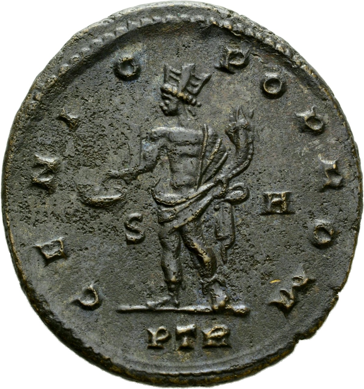 RIC VI Treveri 766 Constantine I reverse, Genius, turreted, nude, loins draped, standing left, holding patera in right han...