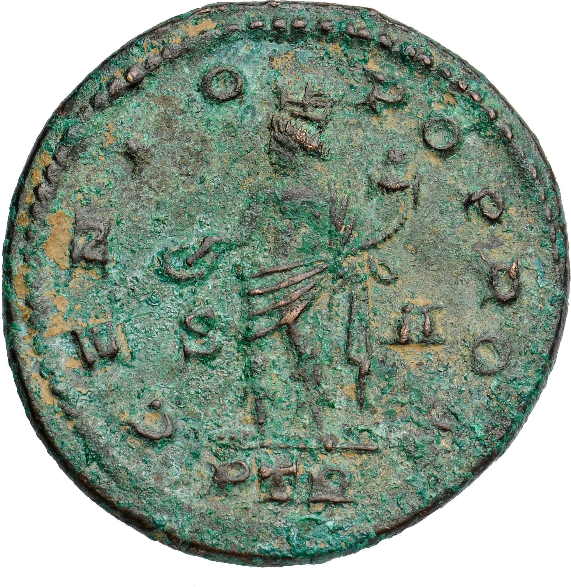 Constantine I reverse — Genius, turreted, nude, loins draped, standing left, holding patera in right hand and cornucopiae in left hand