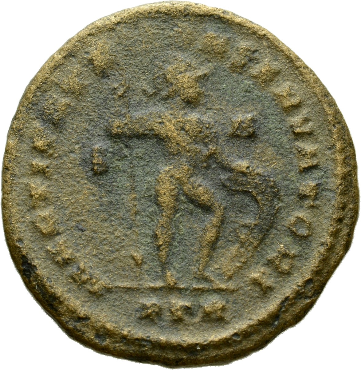 RIC VI Treveri 772a Constantine I reverse, Mars, nude, standing right, leaning on reversed spear with right hand and placi...