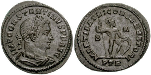 RIC VI Treveri 774 Constantine I reverse, Mars, nude, standing right, leaning on reversed spear with right hand and placin...