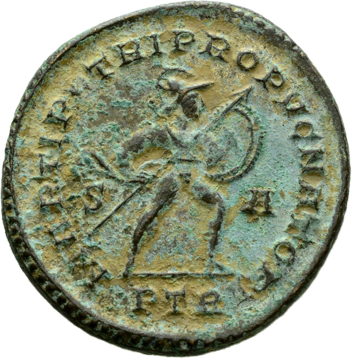 RIC VI Treveri 776 Constantine I reverse, Mars, nude, chlamys draped, advancing right, holding transverse spear in right h...
