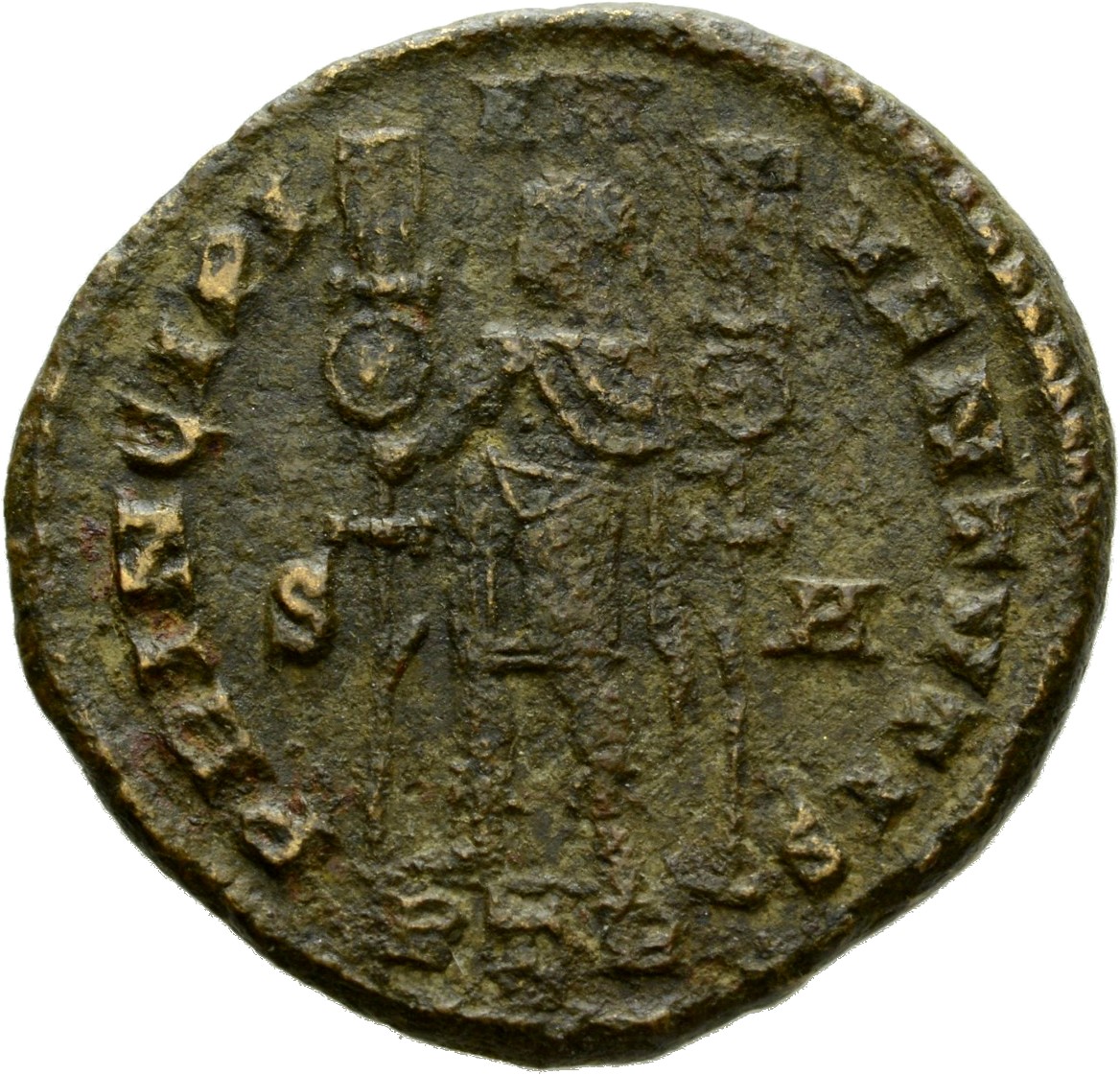 RIC VI Treveri 782 Constantine I reverse, Constantine I, draped, cuirassed, standing front, head left, holding standard in...