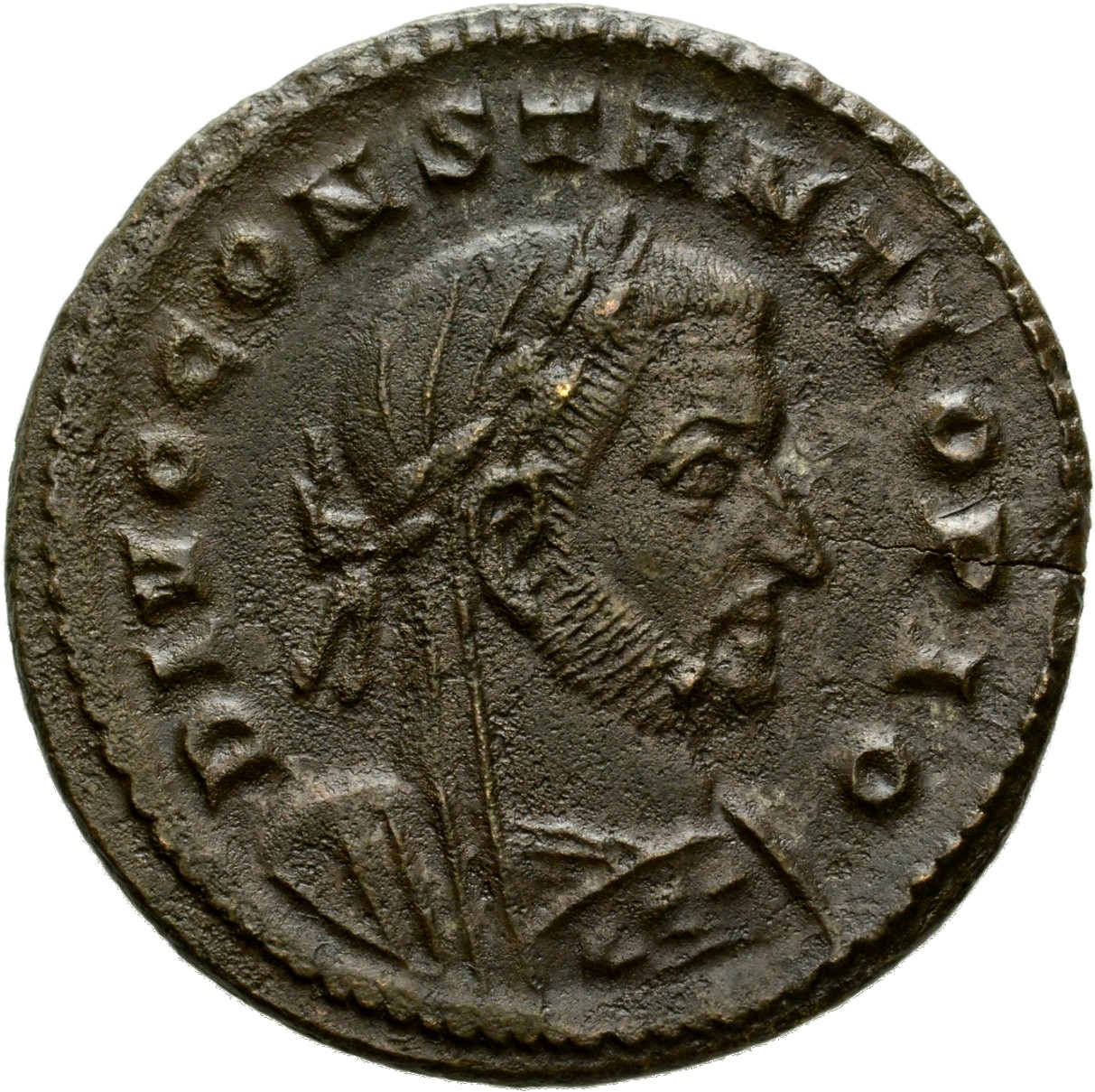 RIC VI Treveri 789 Constantine I obverse, Bust of Constantius Chlorus, laureate, veiled, right