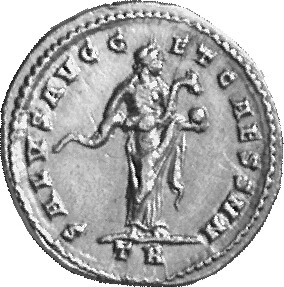 RIC VI Treveri 78a Maximian reverse, Salus, draped, standing right, feeding snake held in arms