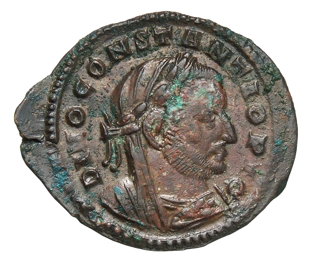 RIC VI Treveri 790 Constantine I obverse, Bust of Constantius Chlorus, laureate, veiled, right