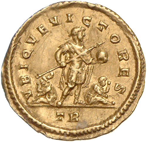 RIC VI Treveri 800 Constantine I reverse, Licinius, draped, cuirassed, standing front, head right, holding transverse spea...
