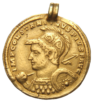 RIC VI Treveri 804 Constantine I obverse, Bust of Constantine I, helmeted, cuirassed, left, holding spear over right shoul...