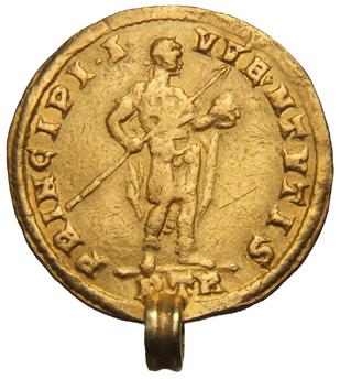 Constantine I reverse — Constantine I, draped, cuirassed, standing front, head right, holding transverse spear in right hand and globe in left hand